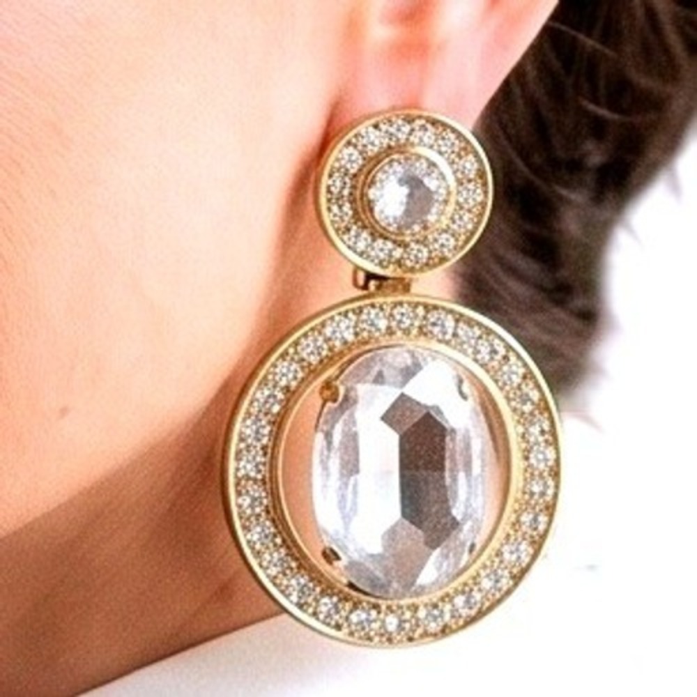 Vtg Oversized Gold Tone Clear Crystal Oval Halo Drop Dangle Clip On Earrings
